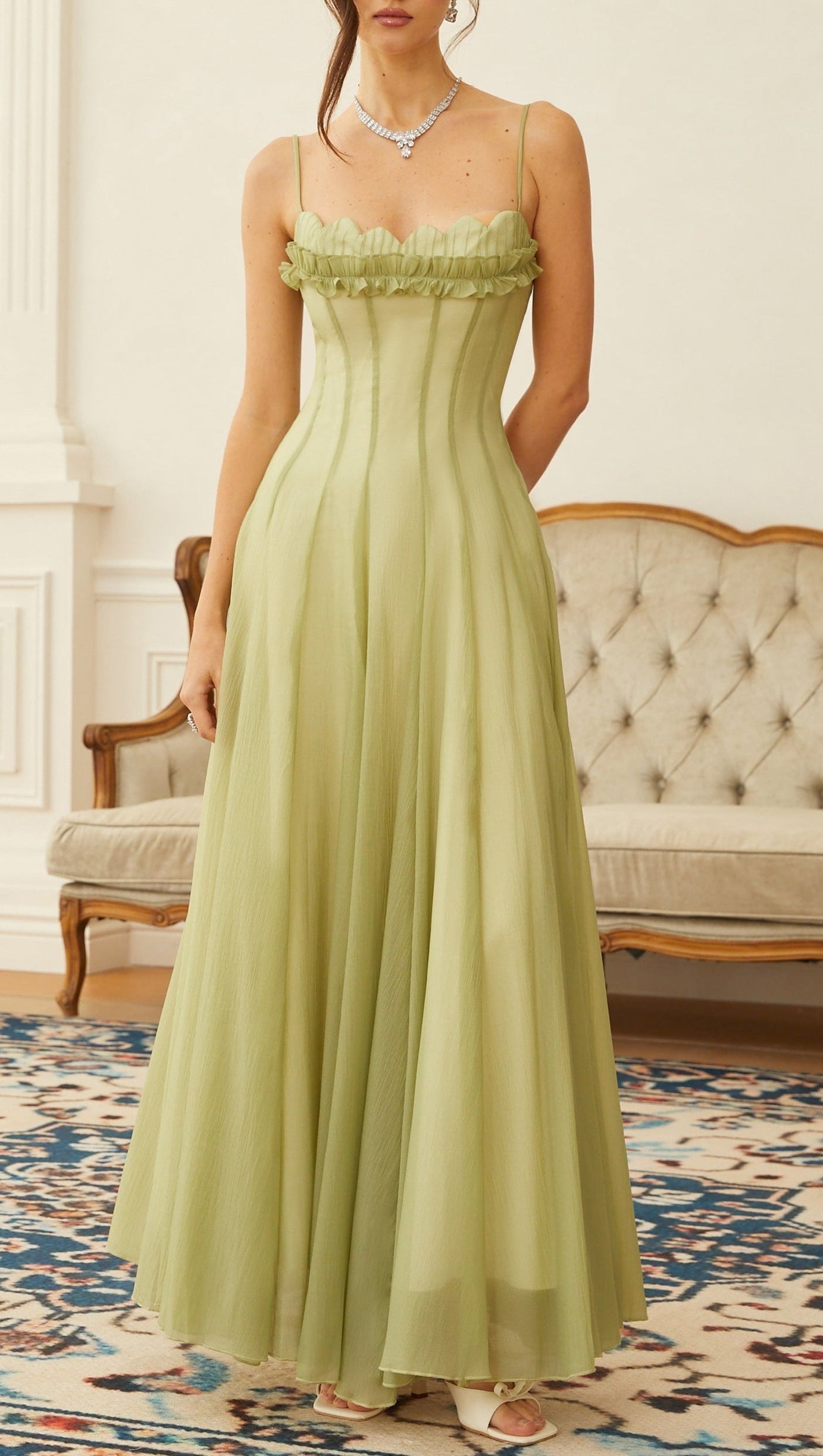 Matcha Ruffled Shirred Tulle Maxi Dress