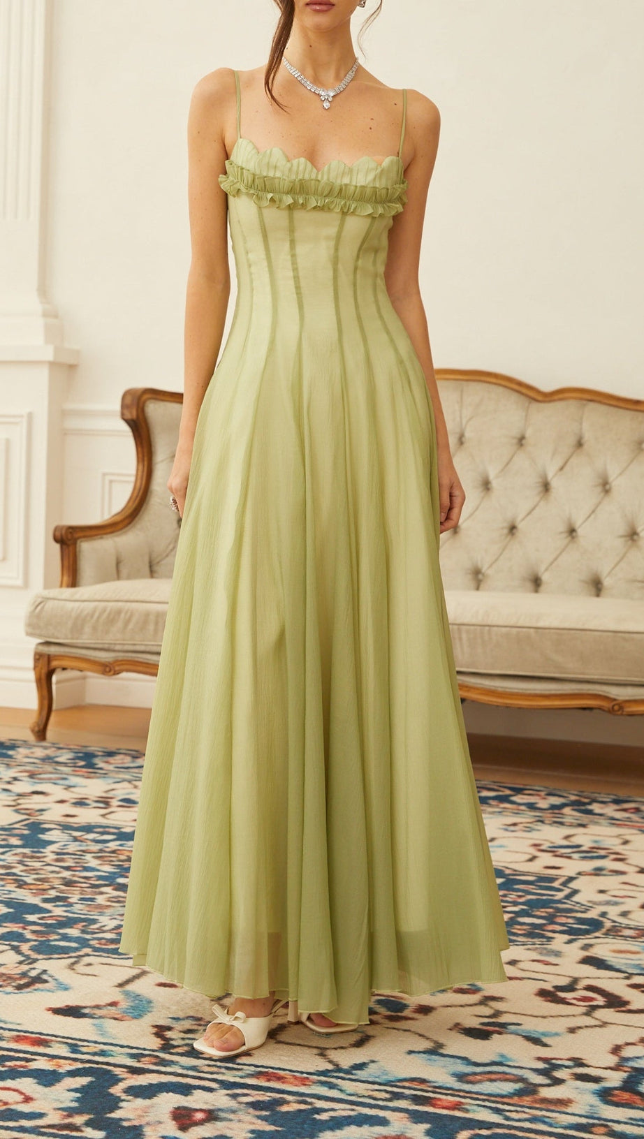 Matcha Ruffled Shirred Tulle Maxi Dress