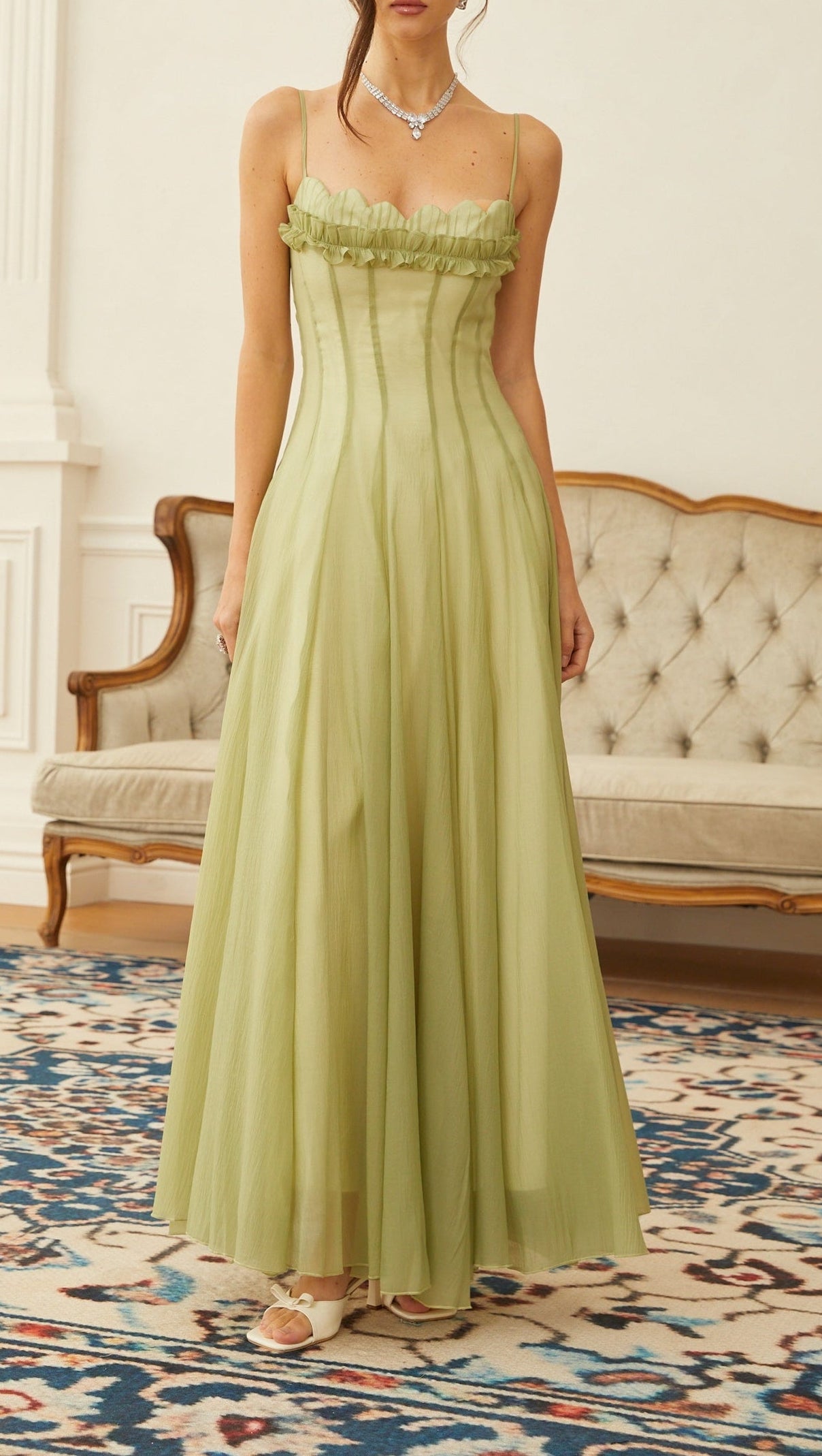 Matcha Ruffled Shirred Tulle Maxi Dress