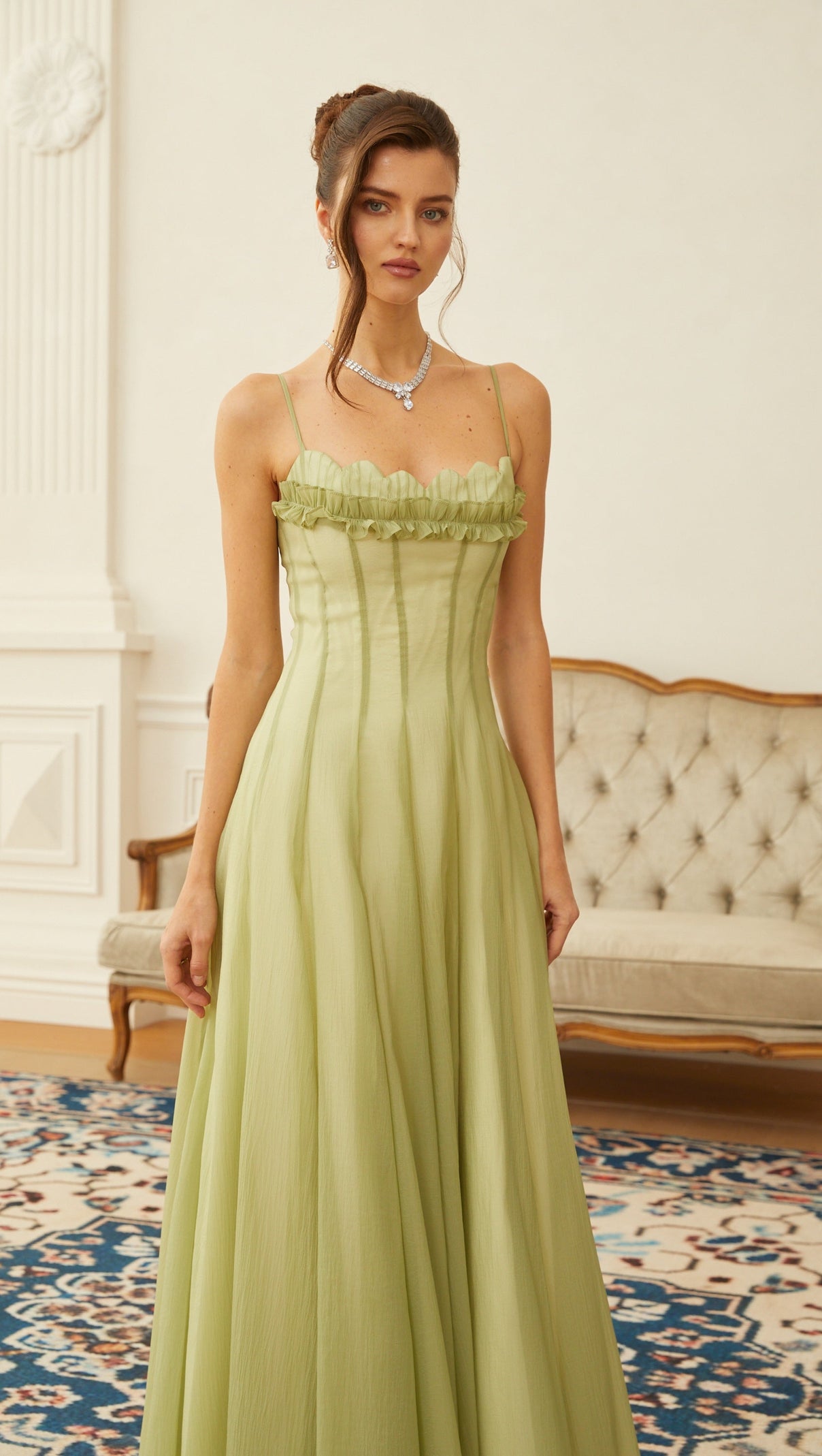 Matcha Ruffled Shirred Tulle Maxi Dress