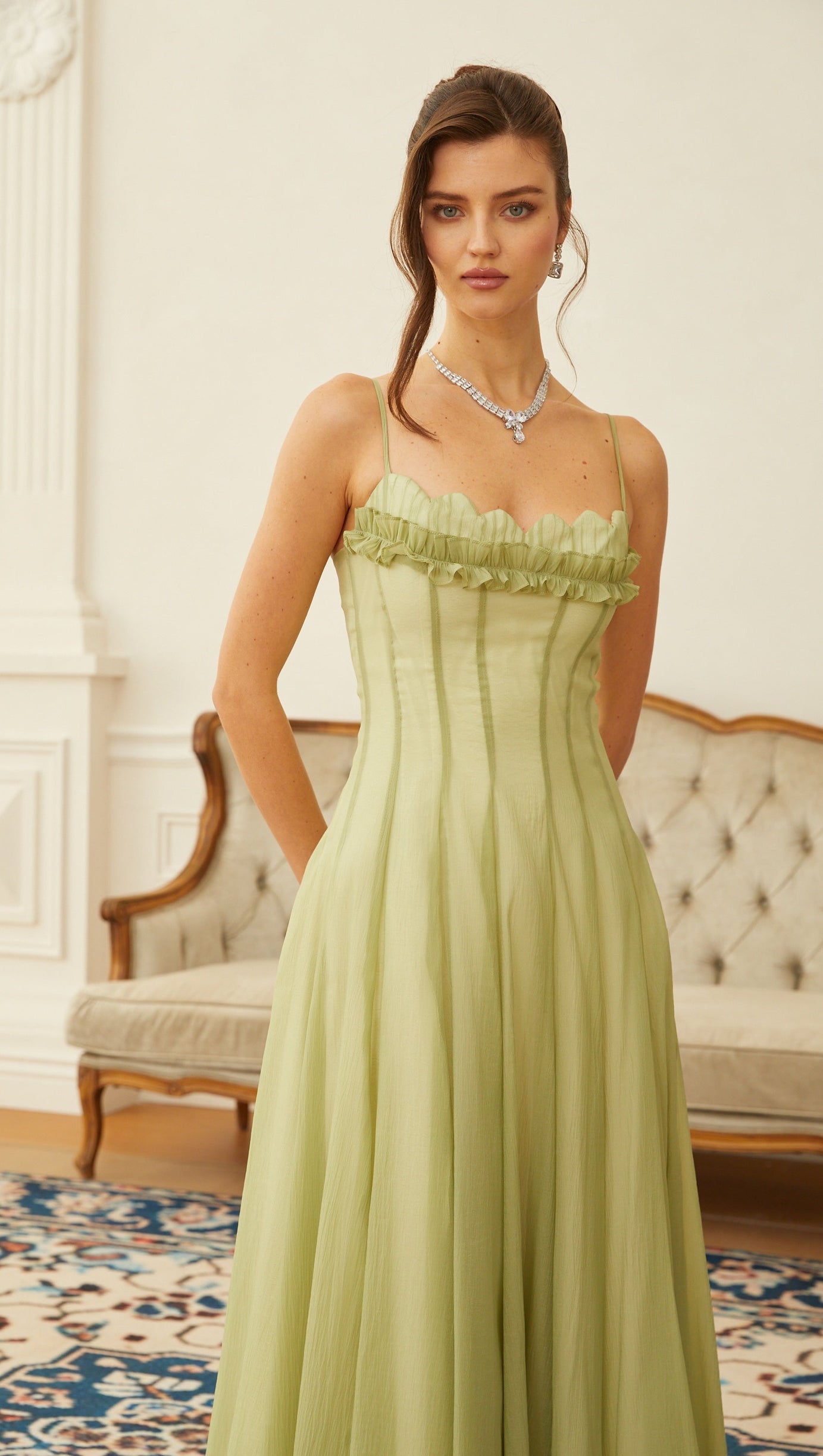 Matcha Ruffled Shirred Tulle Maxi Dress