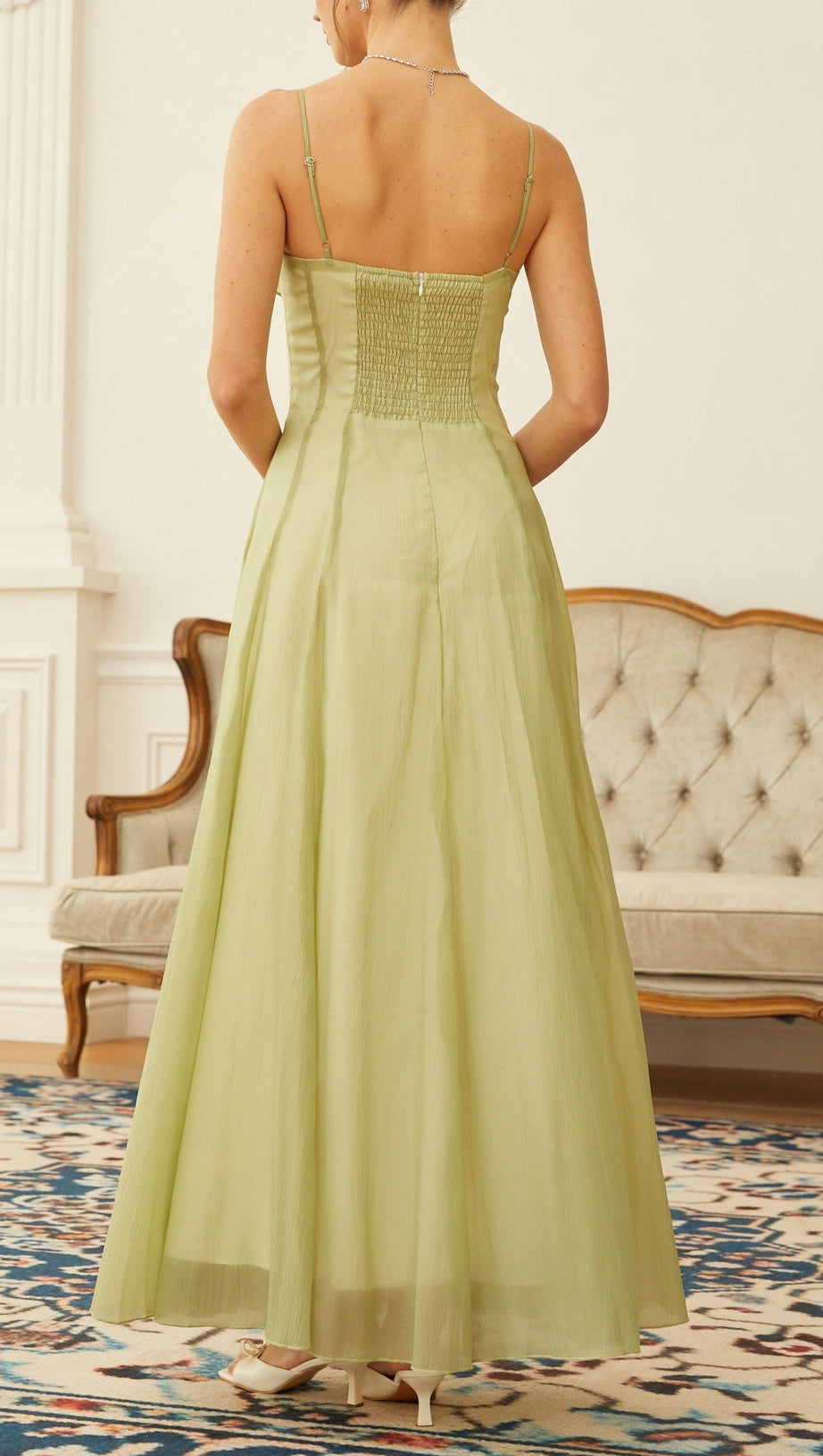 Matcha Ruffled Shirred Tulle Maxi Dress
