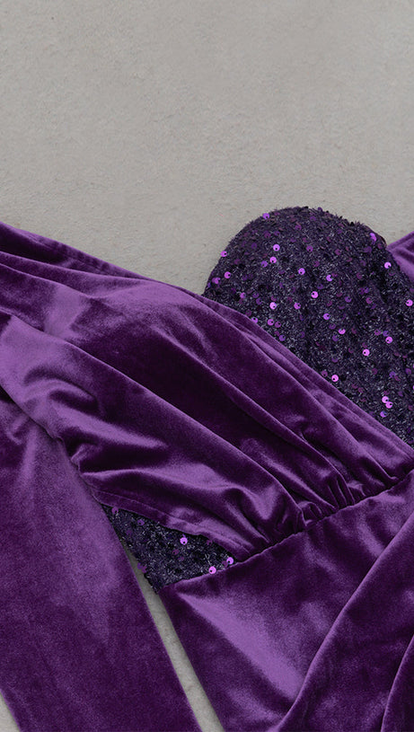 ONE SHOULDER SEQUIN-EMBELLISHED VELVET MAXI DRESS IN PURPLE