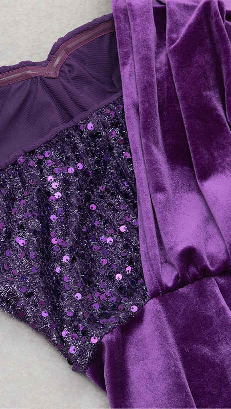 ONE SHOULDER SEQUIN-EMBELLISHED VELVET MAXI DRESS IN PURPLE