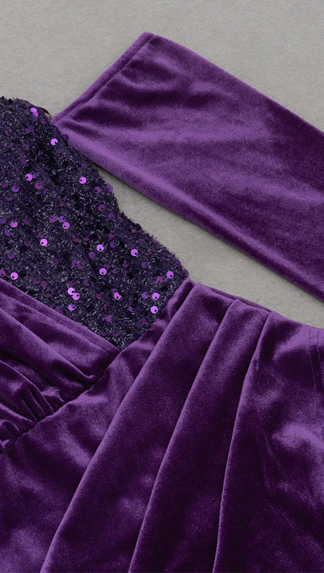 ONE SHOULDER SEQUIN-EMBELLISHED VELVET MAXI DRESS IN PURPLE