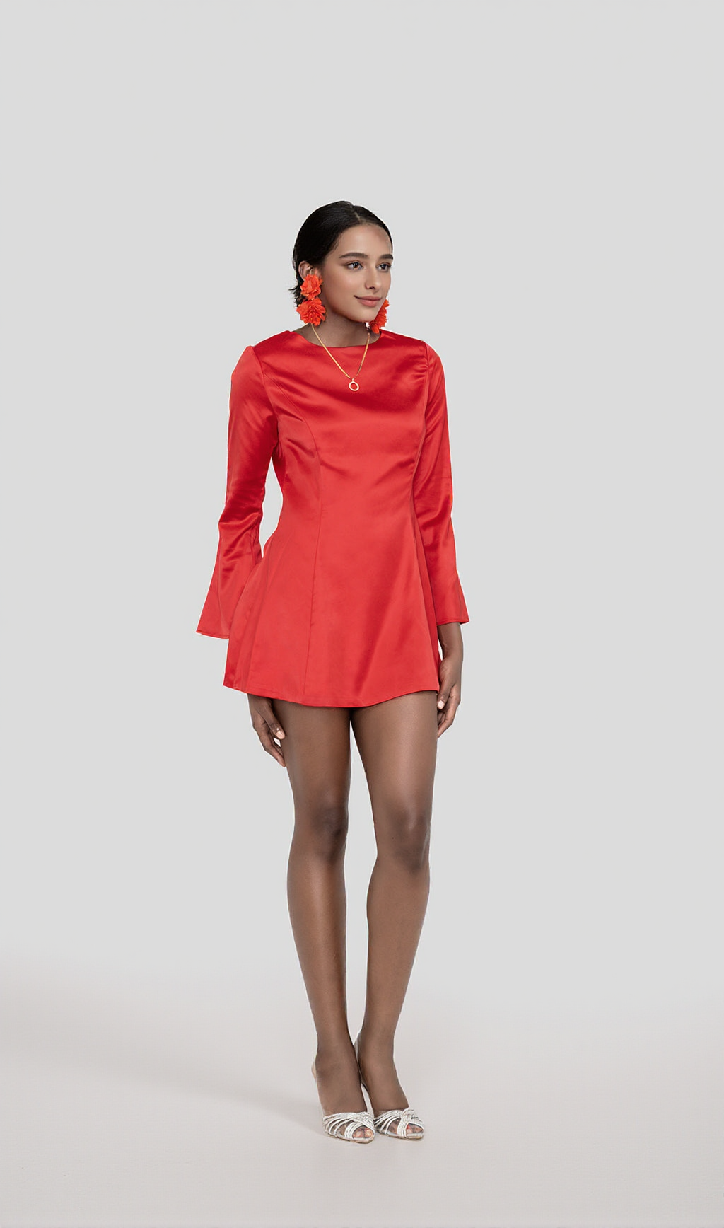 RANDA RED SATIN LONG SLEEVE MINI DRESS