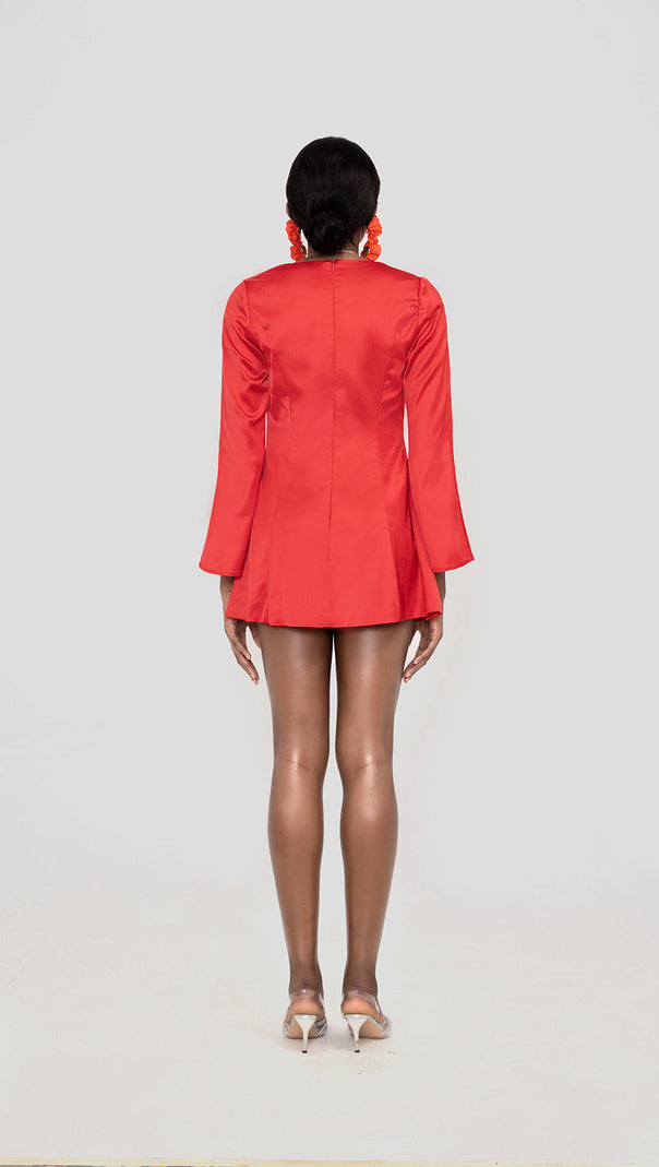 AIIZIE RANDA RED SATIN LONG SLEEVE MINI DRESS - product image