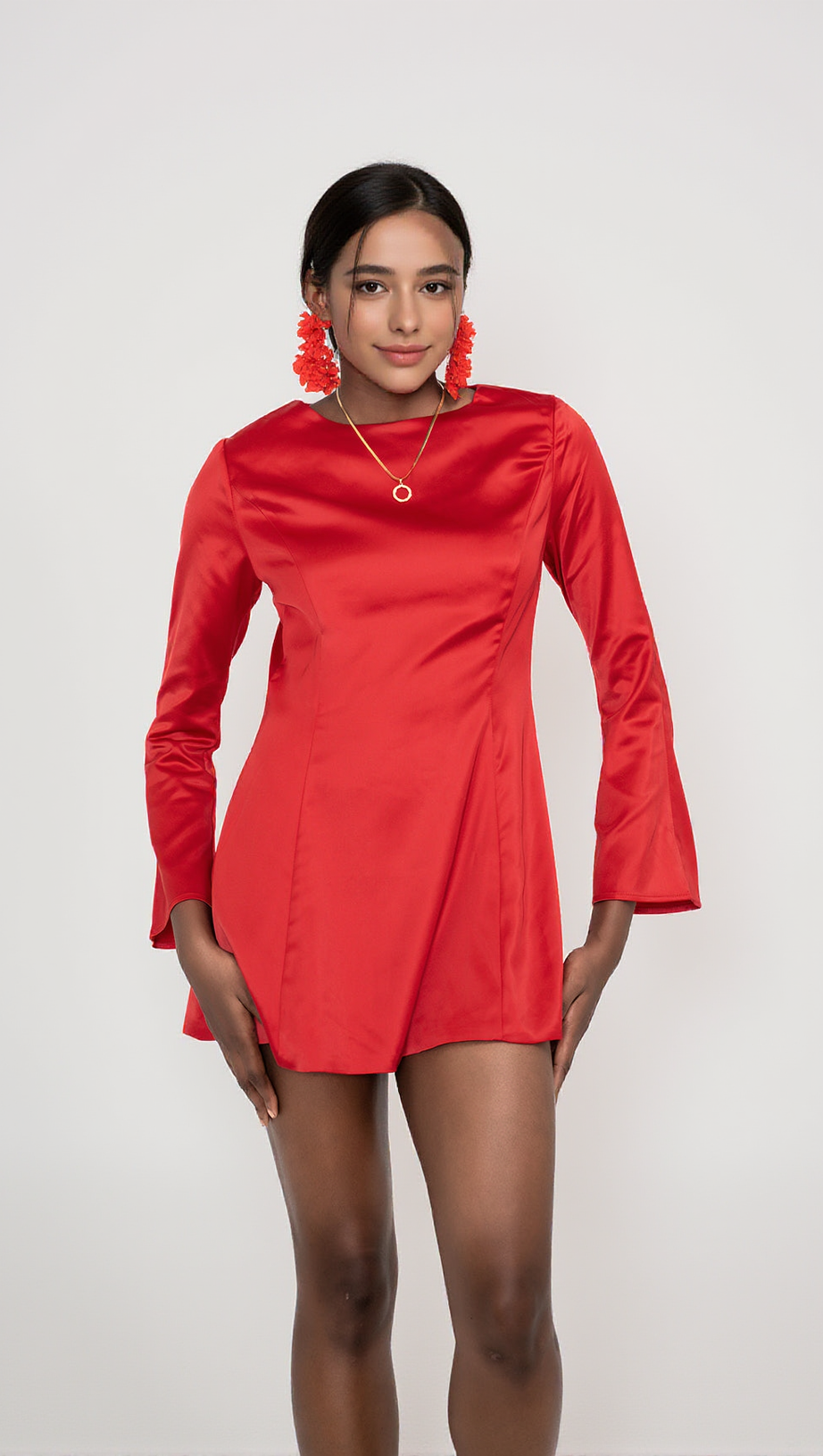 RANDA RED SATIN LONG SLEEVE MINI DRESS
