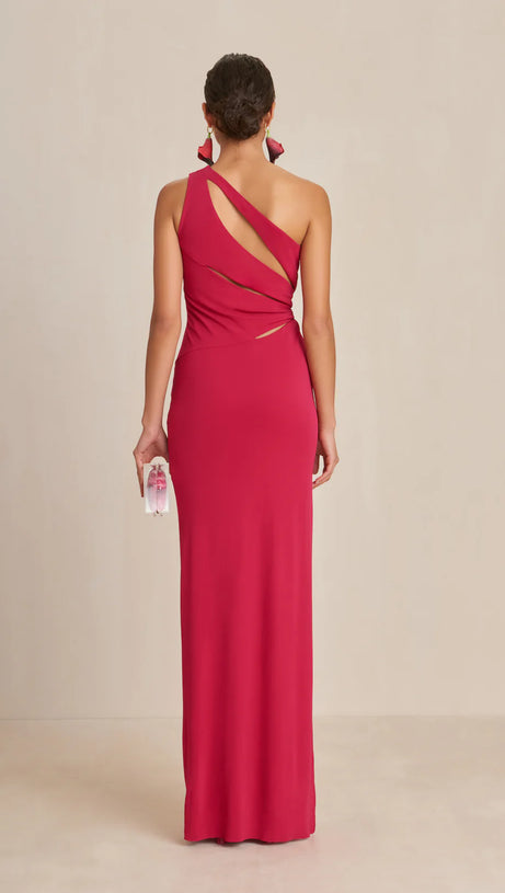 ONE-SHOULDER CUTOUT SIDE SLIT MAXI DRESS IN MAGENTA