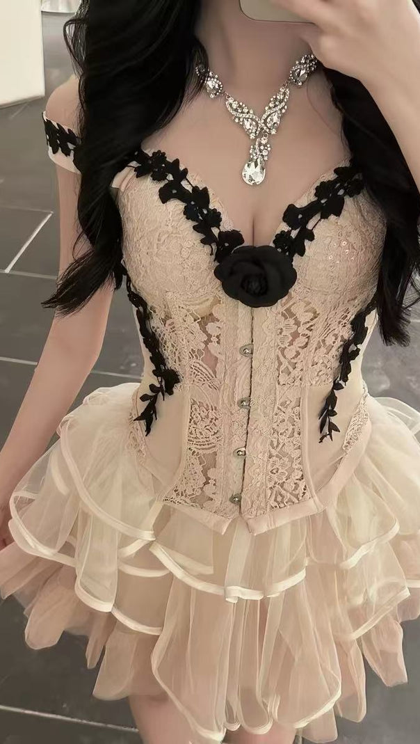 Lace Corset & Tiered Tulle Skirt Two-Piece Set