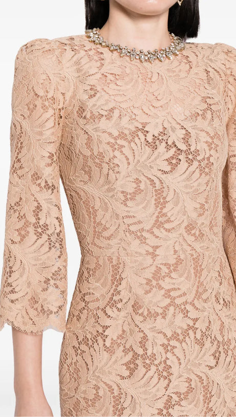 ACOTAS LACE CRYSTAL-EMBELLISHED MIDI DRESS IN NUDE
