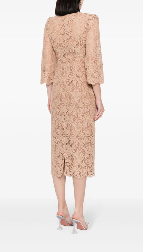ACOTAS LACE CRYSTAL-EMBELLISHED MIDI DRESS IN NUDE