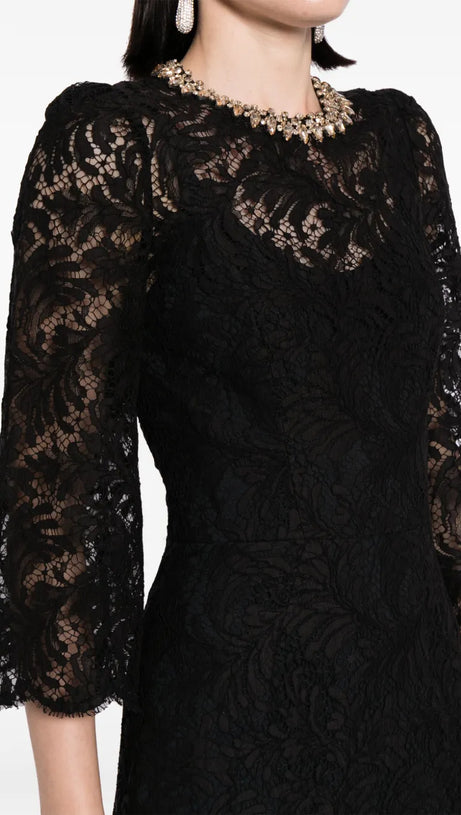 ACOTAS LACE CRYSTAL-EMBELLISHED MIDI DRESS IN BLACK