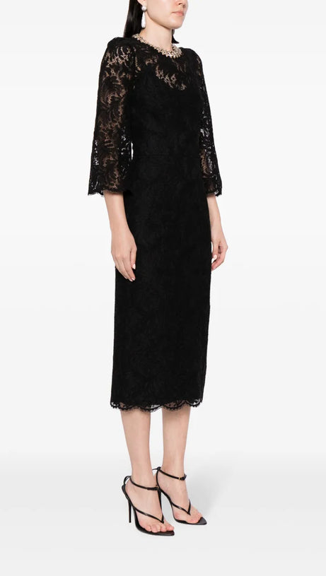 ACOTAS LACE CRYSTAL-EMBELLISHED MIDI DRESS IN BLACK