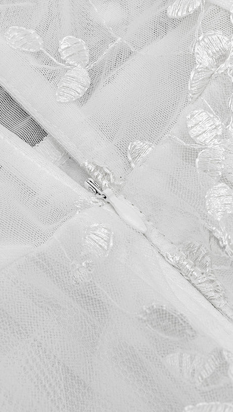 ENID WHITE FLORAL APPLIQUE MESH BANDAGE TUBE MAXI DRESS