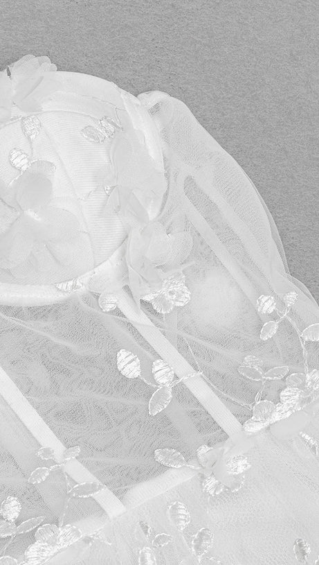 ENID WHITE FLORAL APPLIQUE MESH BANDAGE TUBE MAXI DRESS