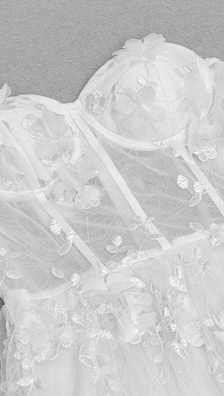 ENID WHITE FLORAL APPLIQUE MESH BANDAGE TUBE MAXI DRESS