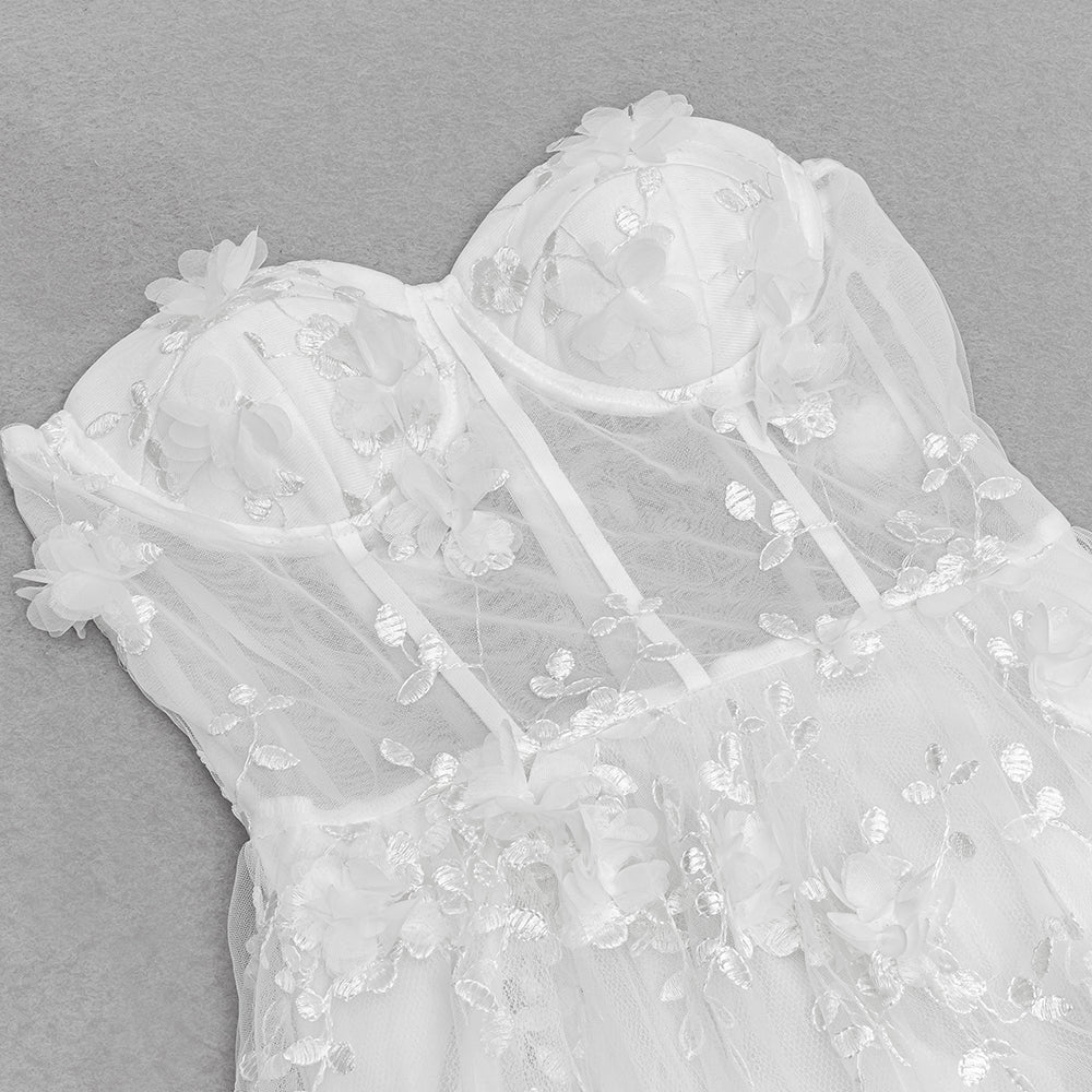 AIIZIE ENID WHITE FLORAL APPLIQUE MESH BANDAGE TUBE MAXI DRESS - product image