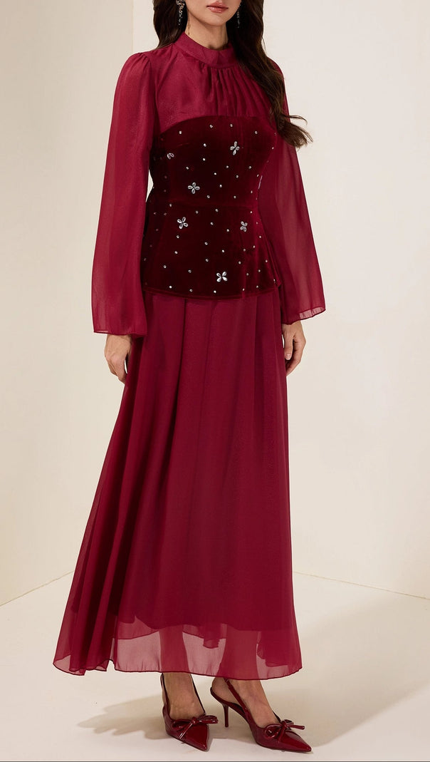 caroline Strass-Samt-Spleiß Maxikleid - Burgund