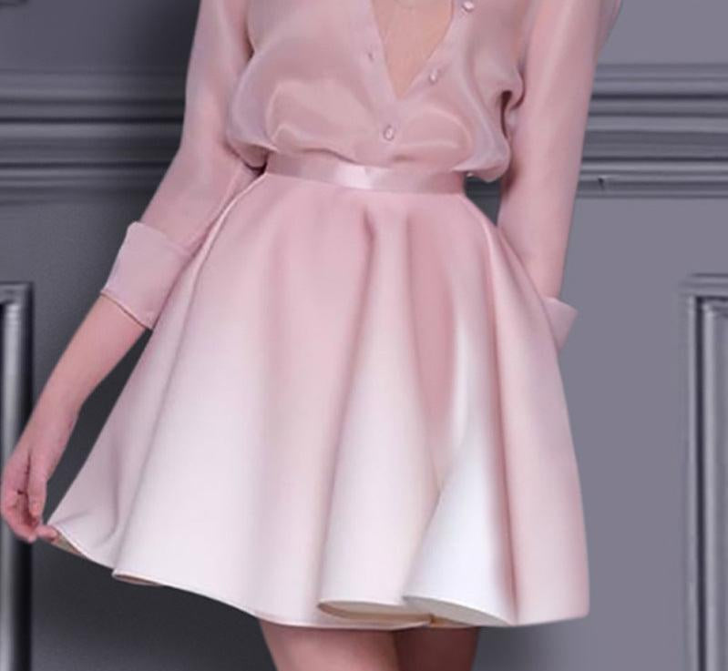 roberta pink long sleeve silk shirt mini skirt set
