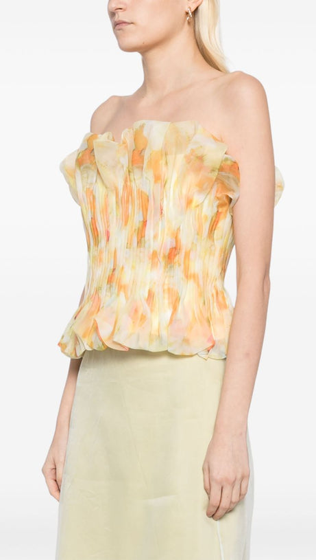 PRINT RUFFLE TRIM TOP IN YELLOW