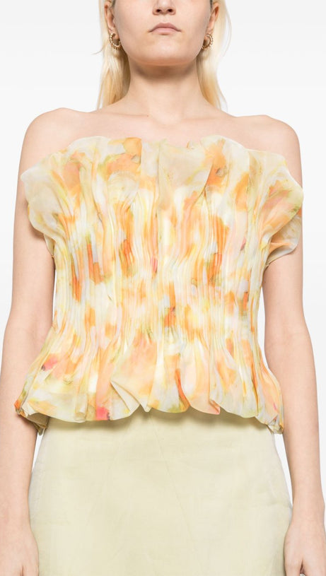 PRINT RUFFLE TRIM TOP IN YELLOW