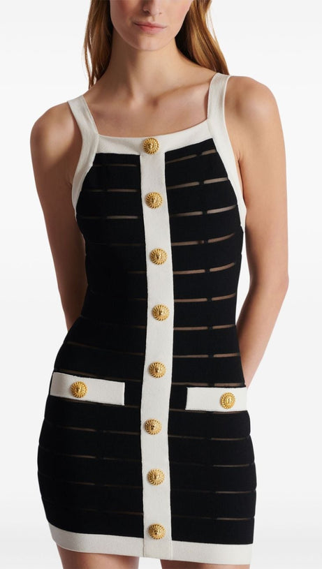 MOIRA 10-BUTTON MESH-DETAILED MINI DRESS IN BLACK