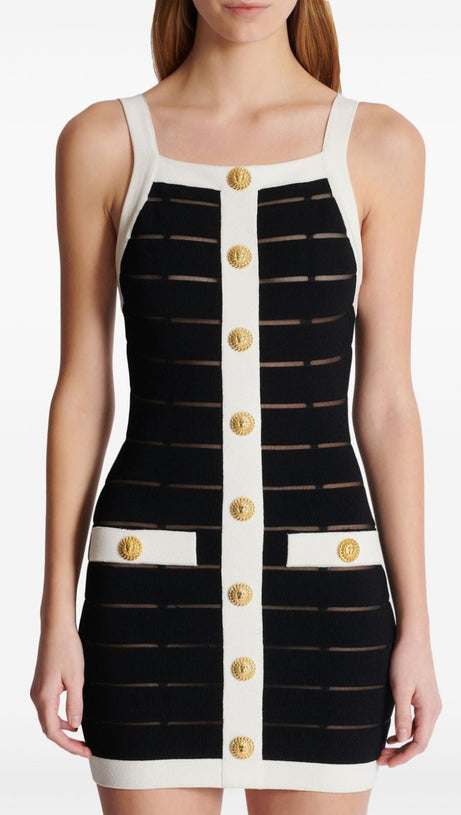 MOIRA 10-BUTTON MESH-DETAILED MINI DRESS IN BLACK