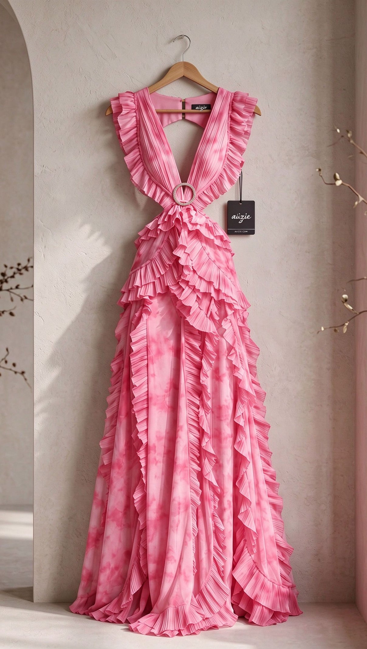 Pink Watercolor Chiffon A-Line Gown with Waist Cut-Outs