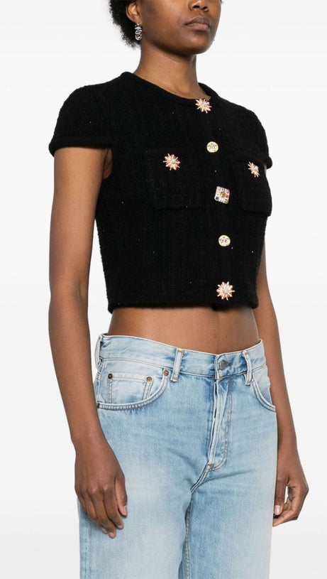 CRYSTAL EMBELLISHED-BUTTONS CARDIGAN IN BLACK