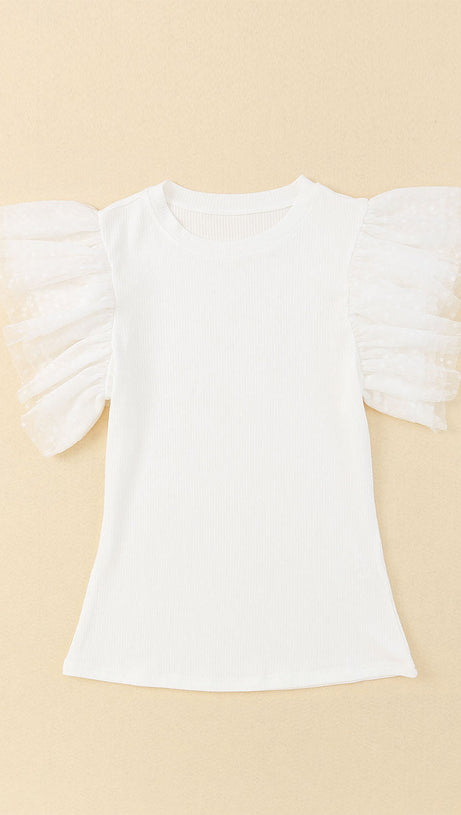 BLACK DOTTY MESH RUFFLE SLEEVE RIBBED KNIT TOP