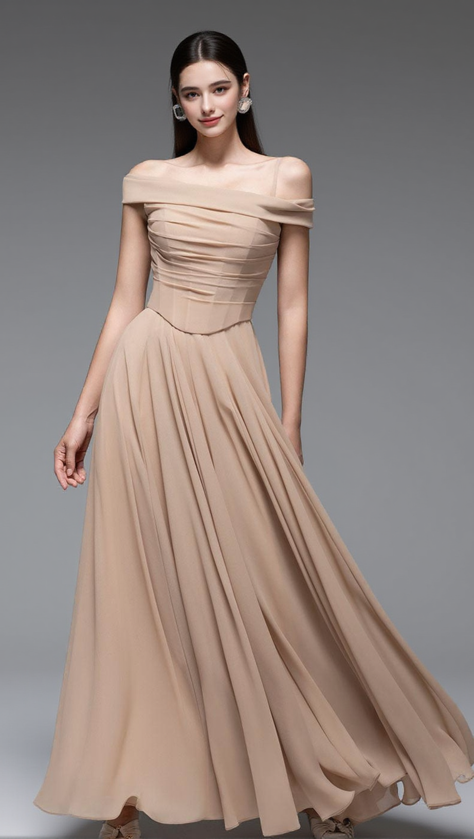 ABITO LUNGO IN CHIFFON DRAPPEGGIATO A TRAPEZIO COLOR NUDE