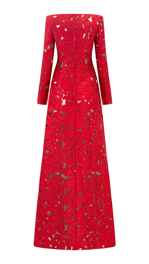 rhinestone boat neck floral hollow lasercut maxi dress - red