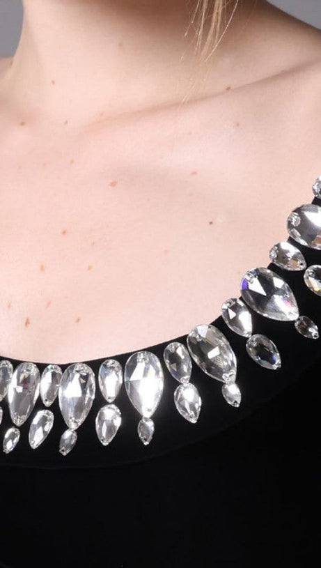 BLACK CREPE GOWN WITH CRYSTAL NECKLINE