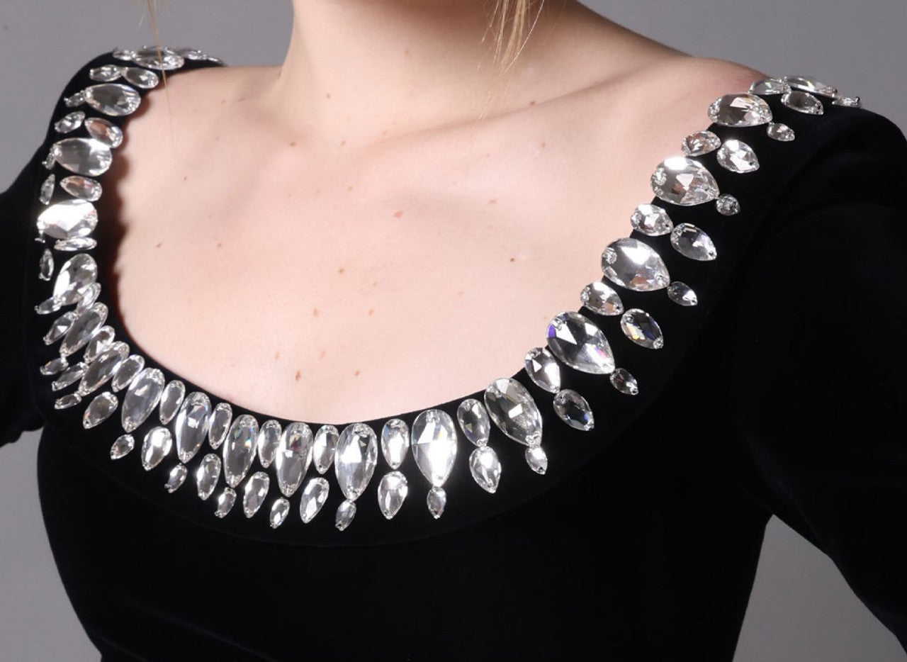AIIZIE BLACK CREPE GOWN WITH CRYSTAL NECKLINE - product image