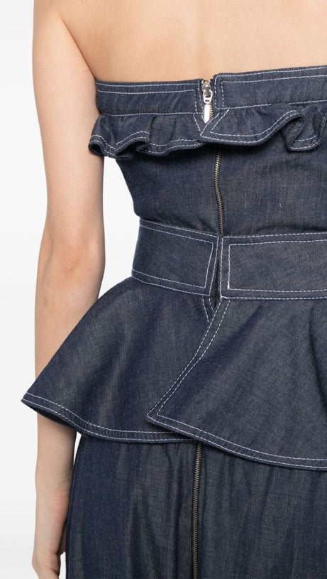 SIGRID DENIM-JUMPSUIT MIT SCHÖSSCHENTAILLE IN MARINEBLAU
