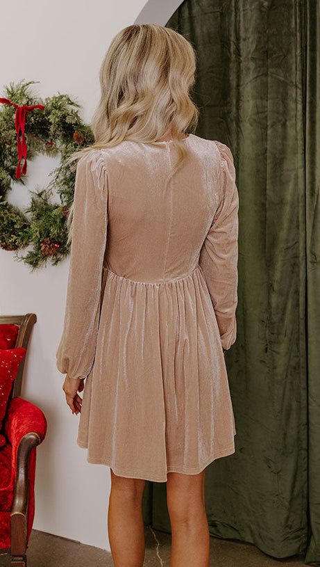 FLIRTY ALLURE VELVET MINI DRESS IN ICED LATTE