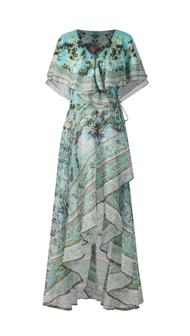AIIZIE Jaymes Artistic Print High-Low Maxi Dress - Bohemian Ruffle Wrap Style - product image