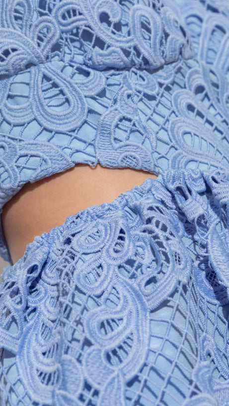 FANNY CUT-OUT LACE EMBROIDERY MIDI DRESS IN BLUE