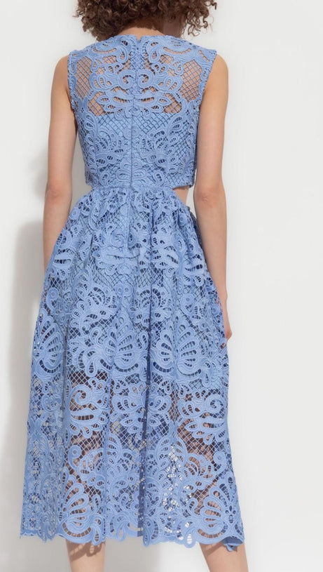 FANNY CUT-OUT LACE EMBROIDERY MIDI DRESS IN BLUE