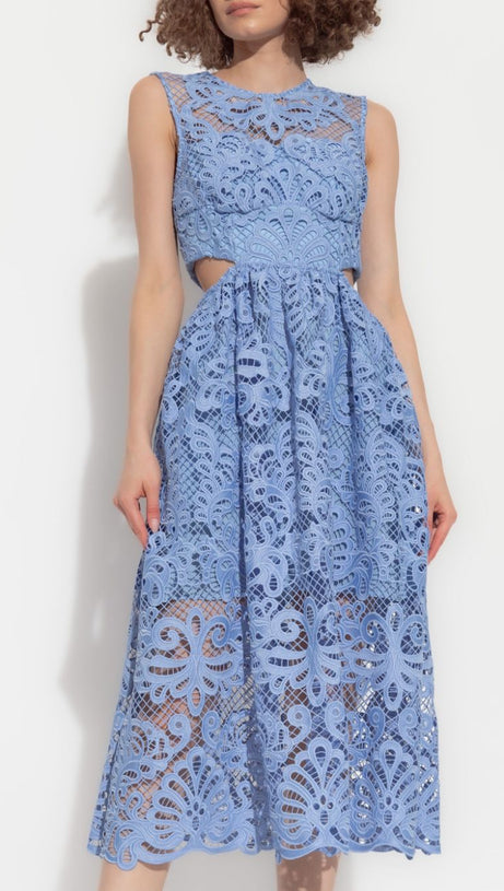 FANNY CUT-OUT LACE EMBROIDERY MIDI DRESS IN BLUE
