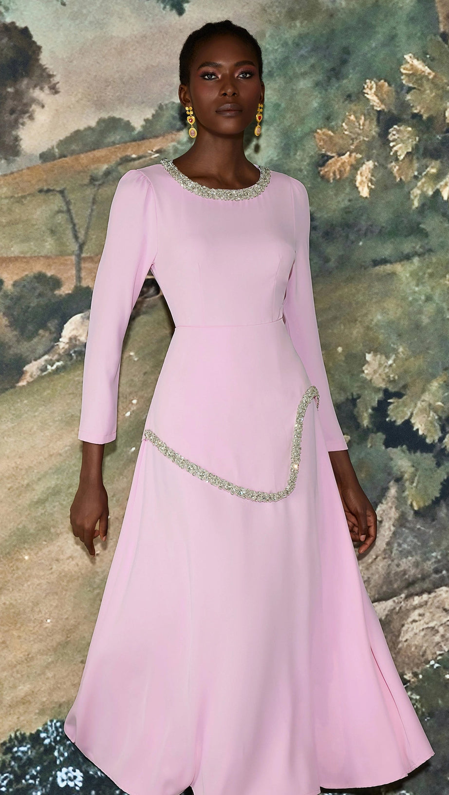 damla Rhinestone embellished Long Sleeve Midi Dress - pink