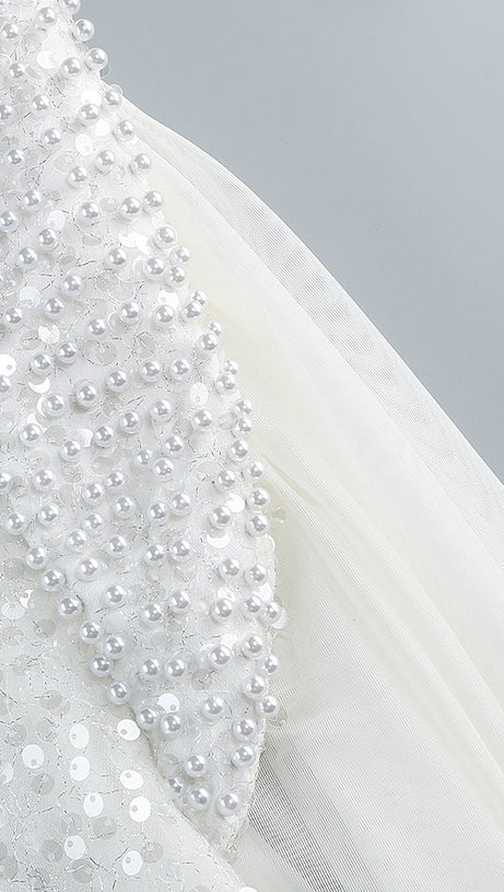 YVETTE PEARL EMBELLISHED SEQUIN MAXI DRESS IN WHITE