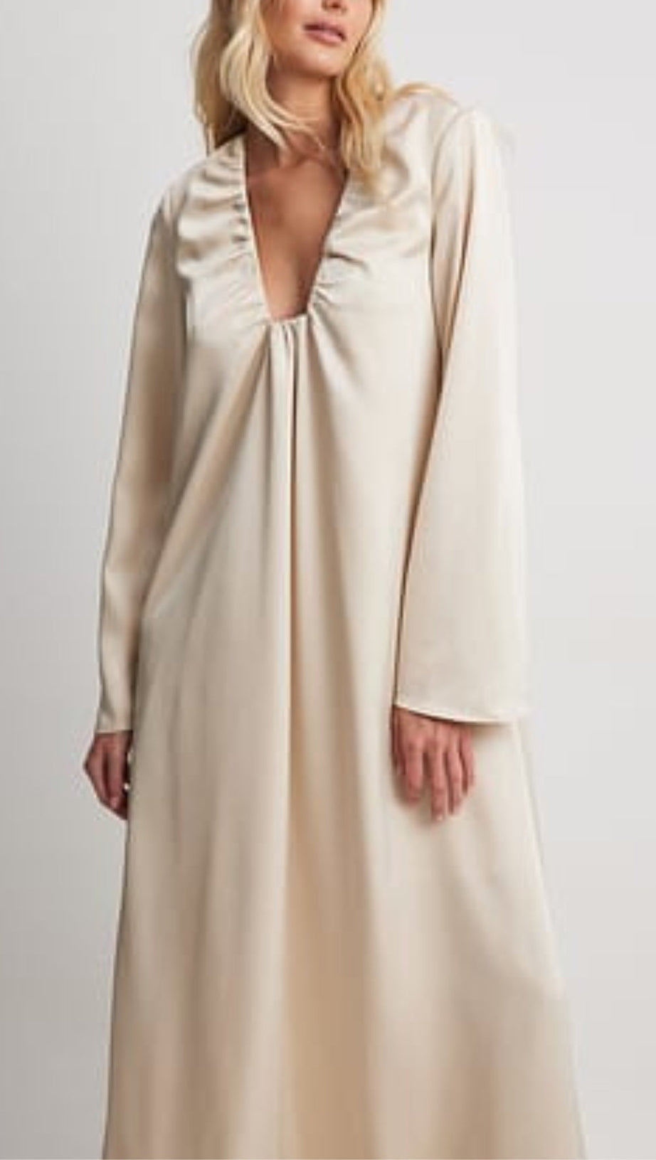 SATIN GATHERED NECKLINE MAXI DRESS