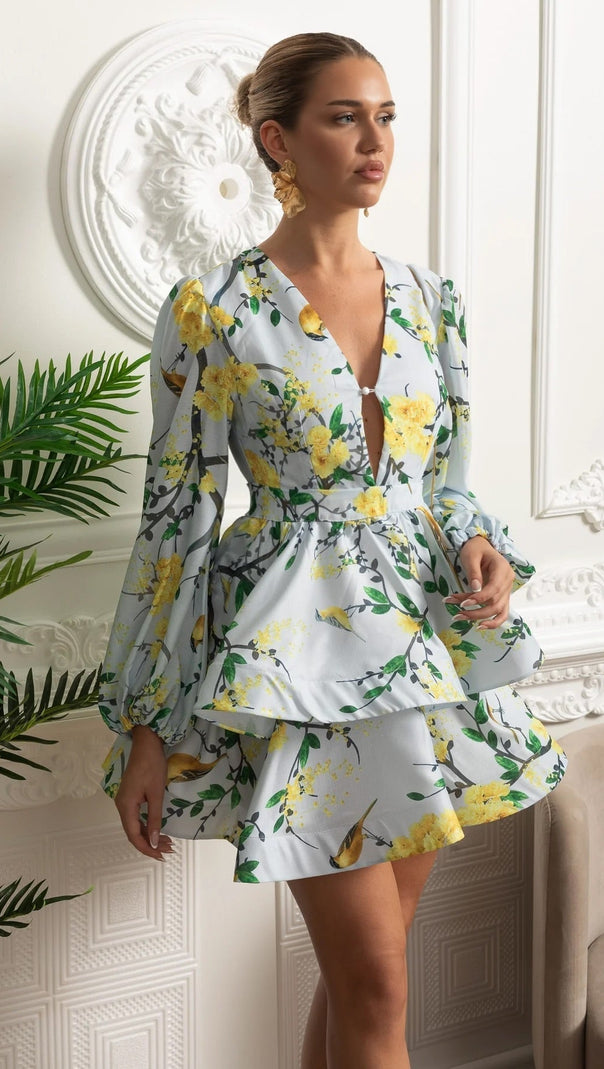 Floral Romantic Mini Dress With Voluminous Sleeves And Peplum Detail - Sky Blue