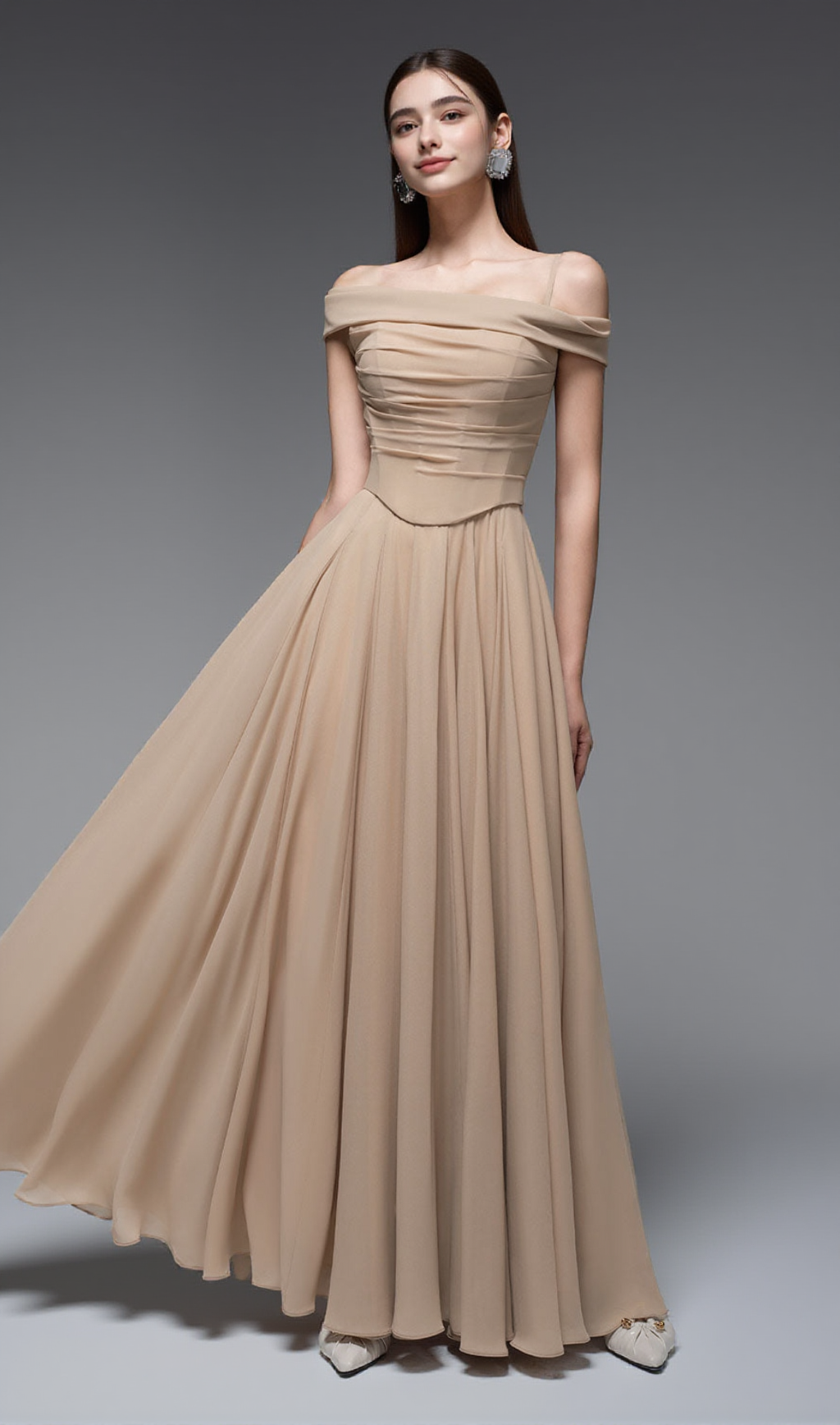 A-LINE DRAPED CHIFFON MAXI DRESS IN NUDE