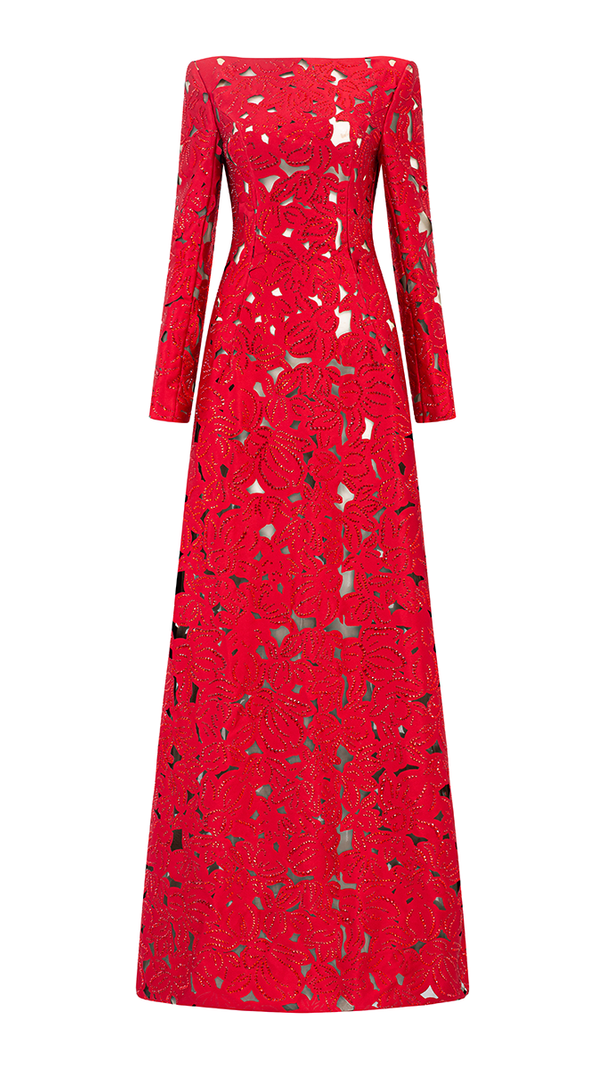rhinestone boat neck floral hollow lasercut maxi dress - red