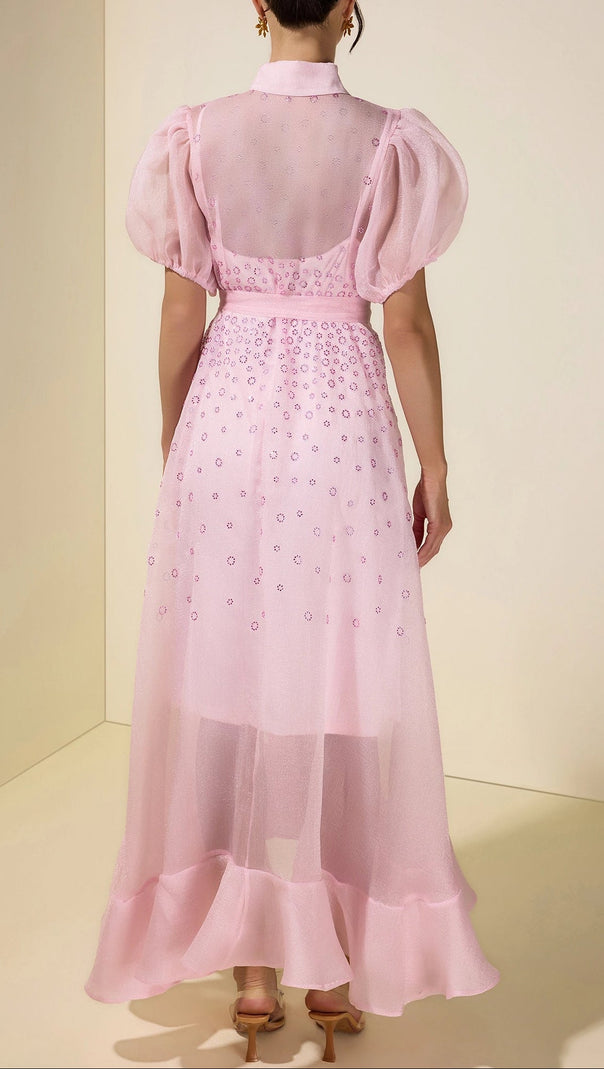 sylvia Rhinestone Puff Sleeve Maxi Dress With Belt - pink
