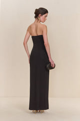 signature gold hardware cutout strapless column gown in black