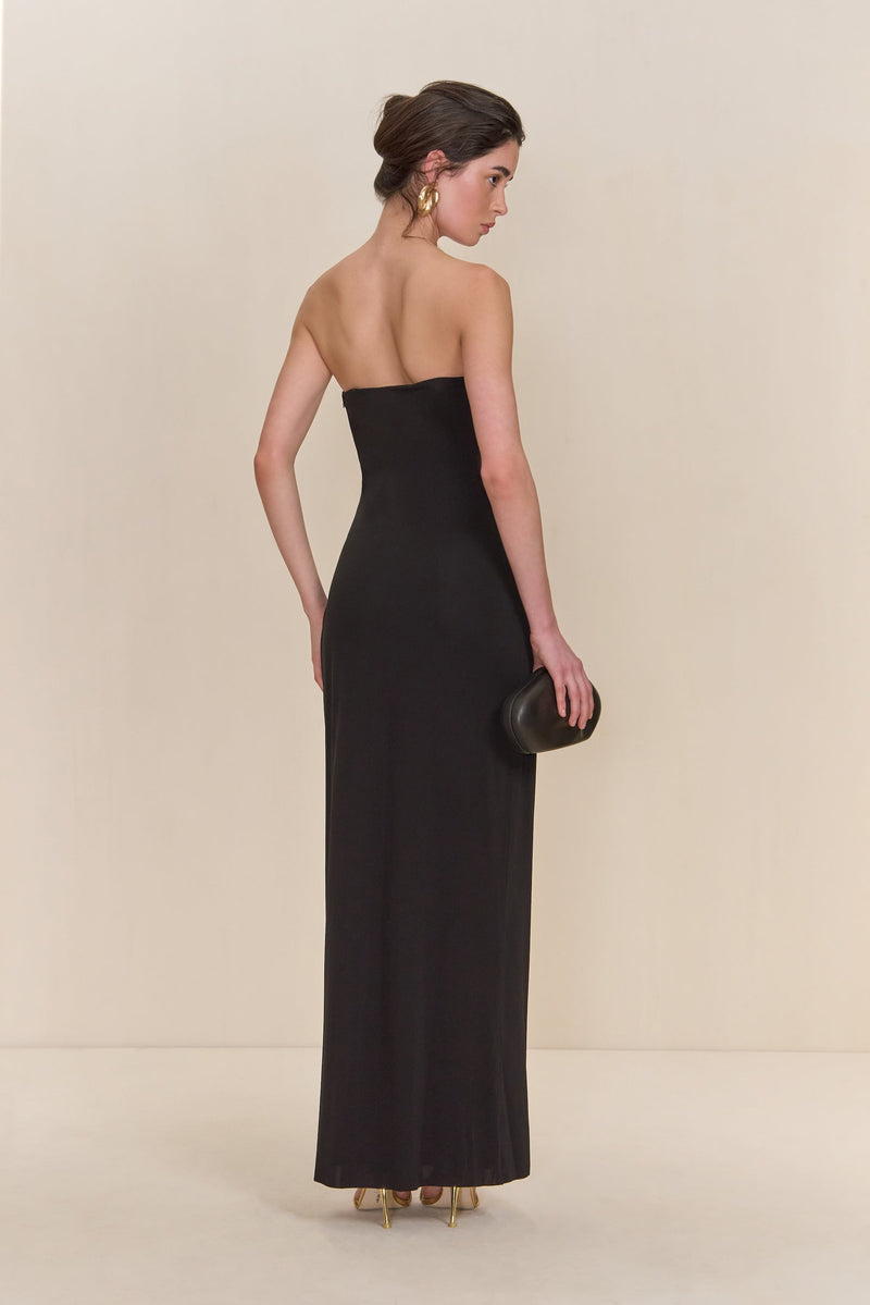 signature gold hardware cutout strapless column gown in black